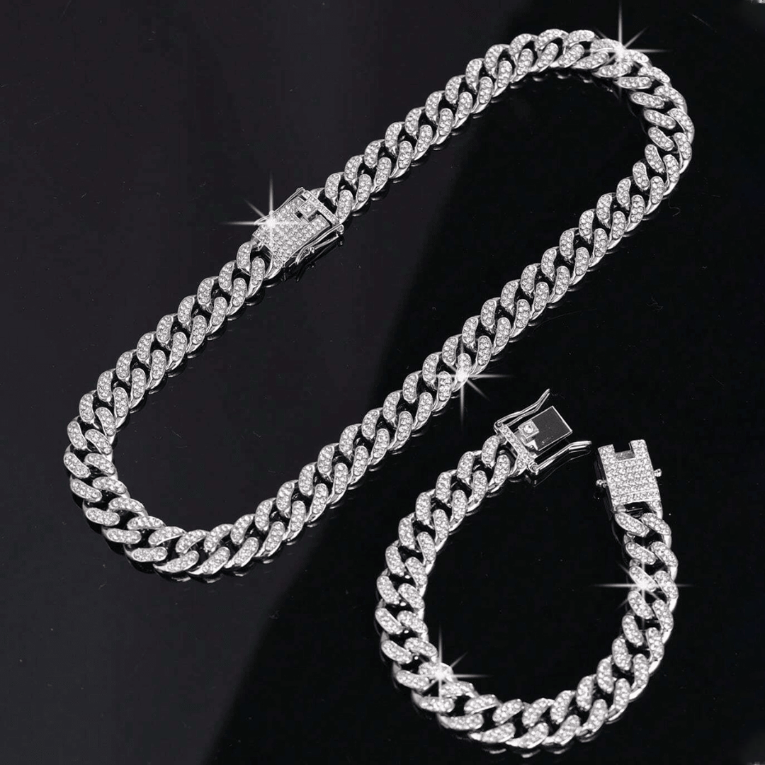 Iced out Chain and Bracelet Set (Silver)